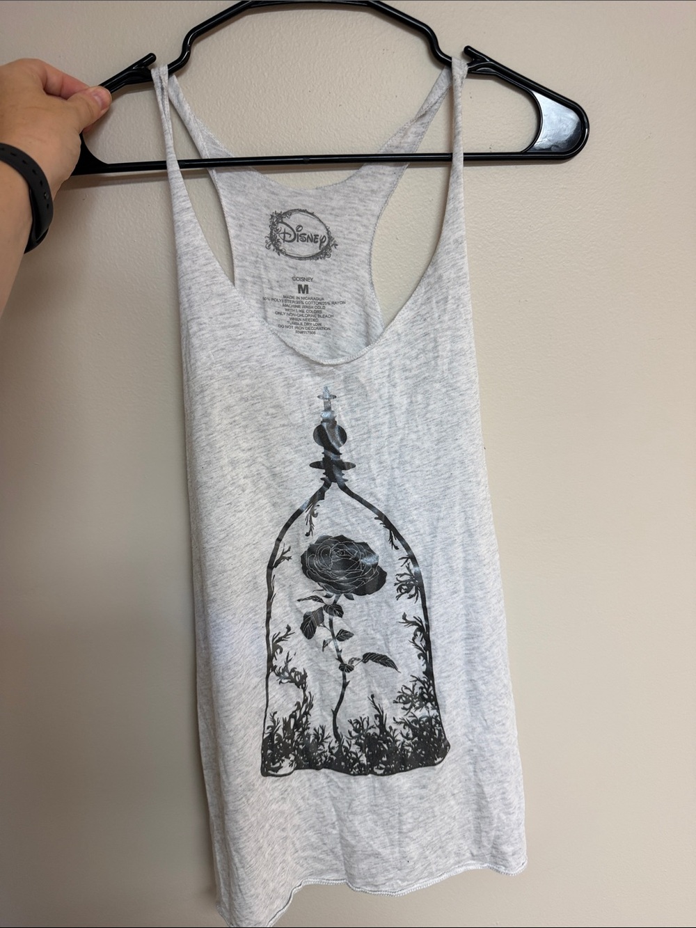 Disney Light Gray Racerback Tank with Black Rose Belle Jar Graphic size M